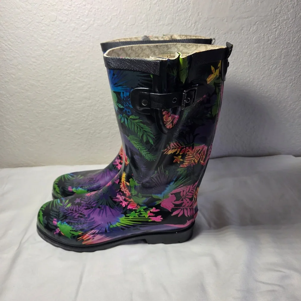 Chooka Womens Tropical Floral Tall Rain Boots Black Multi Color Size 11